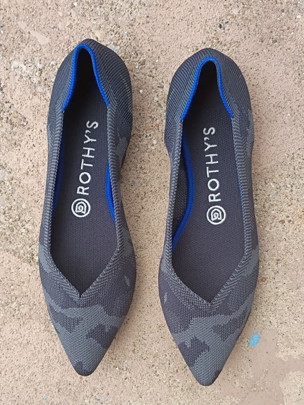 Rothy's Pointed Ballet Flat  Gray Camo with Blue Trim Size 8